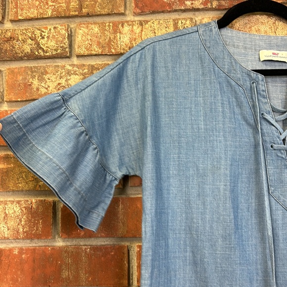 Vineyard Vines Blue Chambray Dress Flutter Sleeve Lace Up Tassel Size 00 - Picture 2 of 6